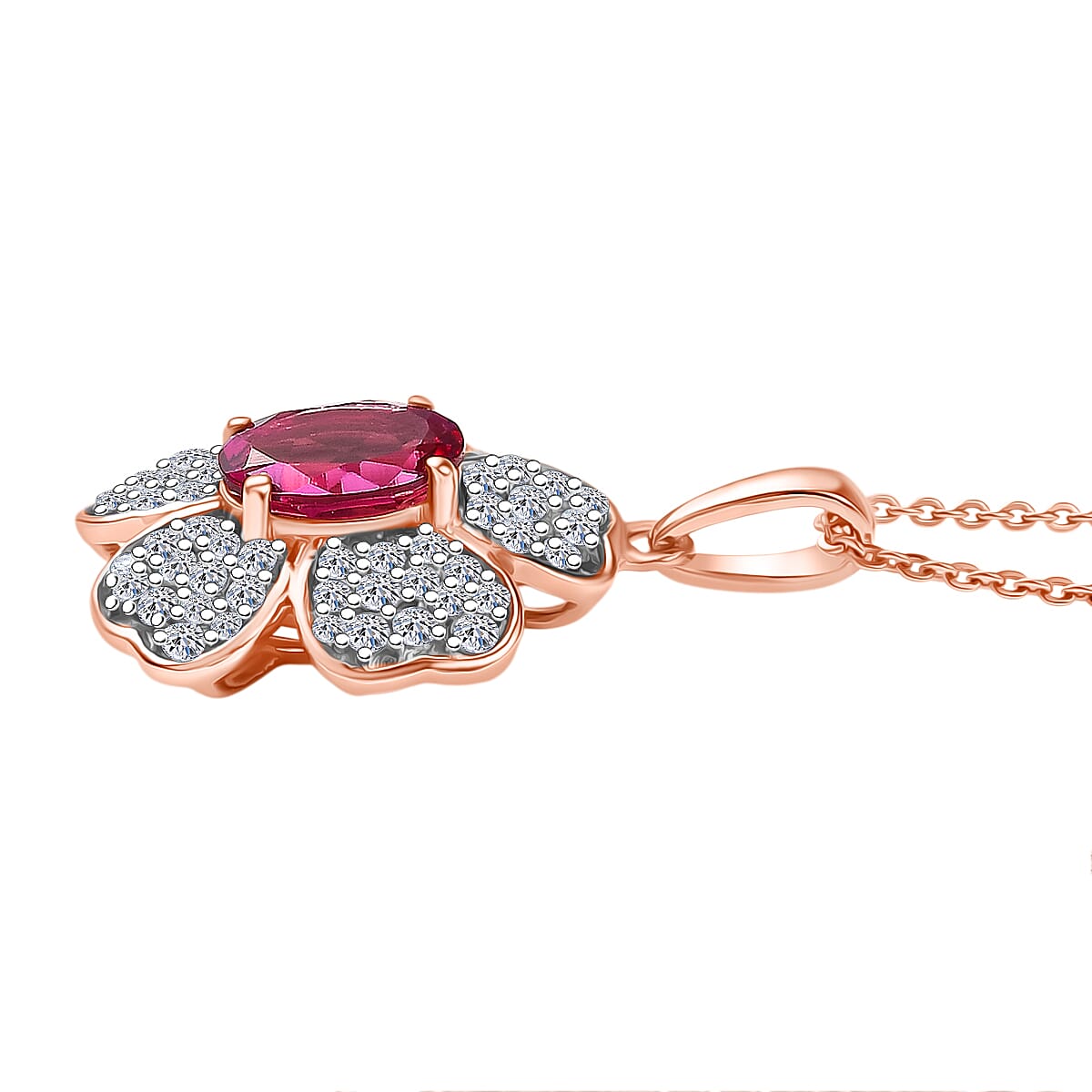 Lab Grown Bixbite & White Zircon Pendant with Chain (Size 20) in 18K Vermeil Rose Gold Plated Sterling Silver 2.16 Ct.