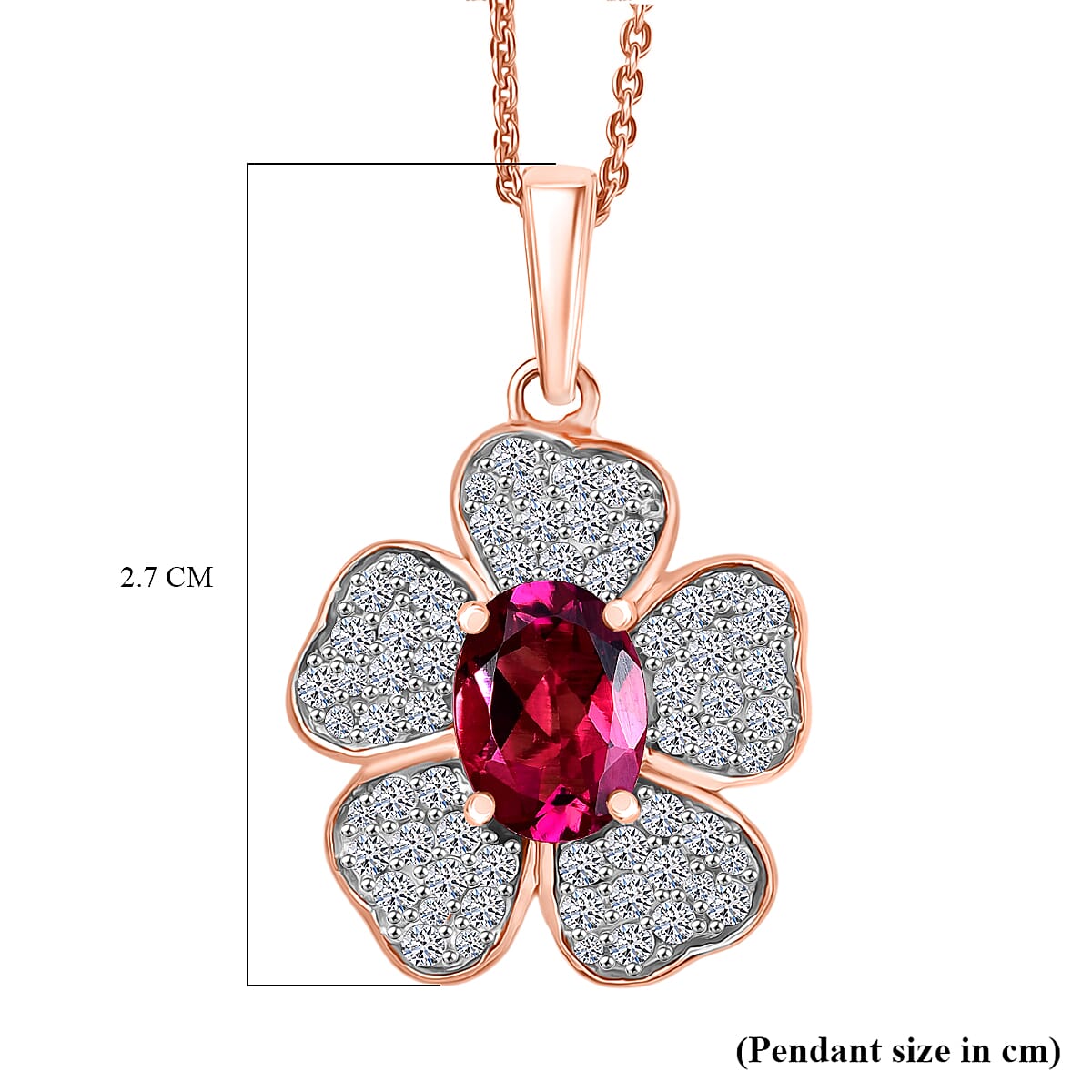 Lab Grown Bixbite & White Zircon Pendant with Chain (Size 20) in 18K Vermeil Rose Gold Plated Sterling Silver 2.16 Ct.