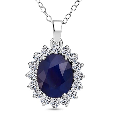 Luxuriant Blue Sapphire & Lab Grown Diamond (SI-GH) Pendant with Chain (Size 20) in Rhodium Overlay Sterling Silver 8.16 Ct.