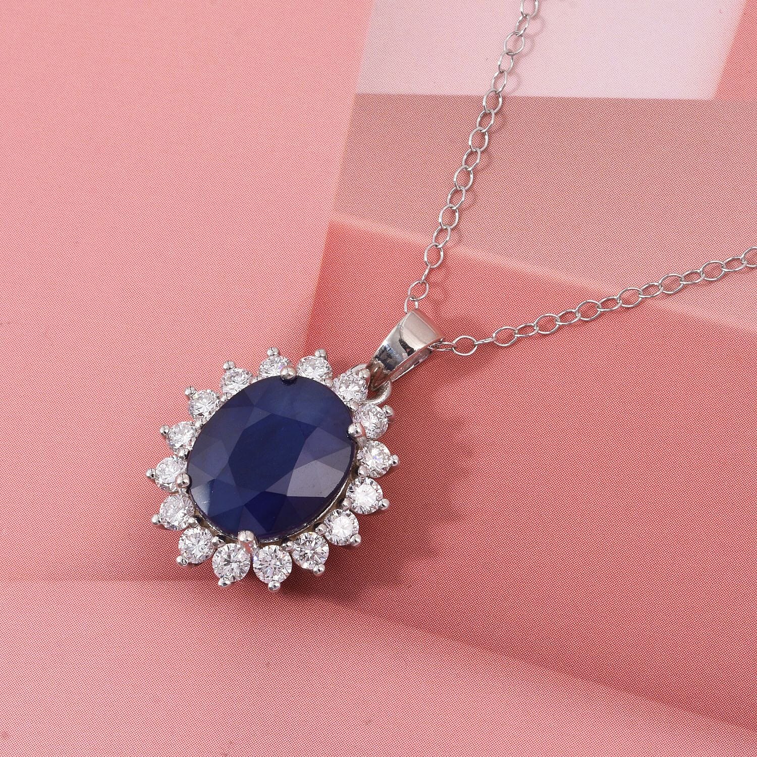 Luxuriant - Blue Sapphire & Lab Grown Diamond (SI-G-H) Halo Pendant with Chain (Size 20) in Rhodium Overlay Sterling Silver 6.75 Ct.