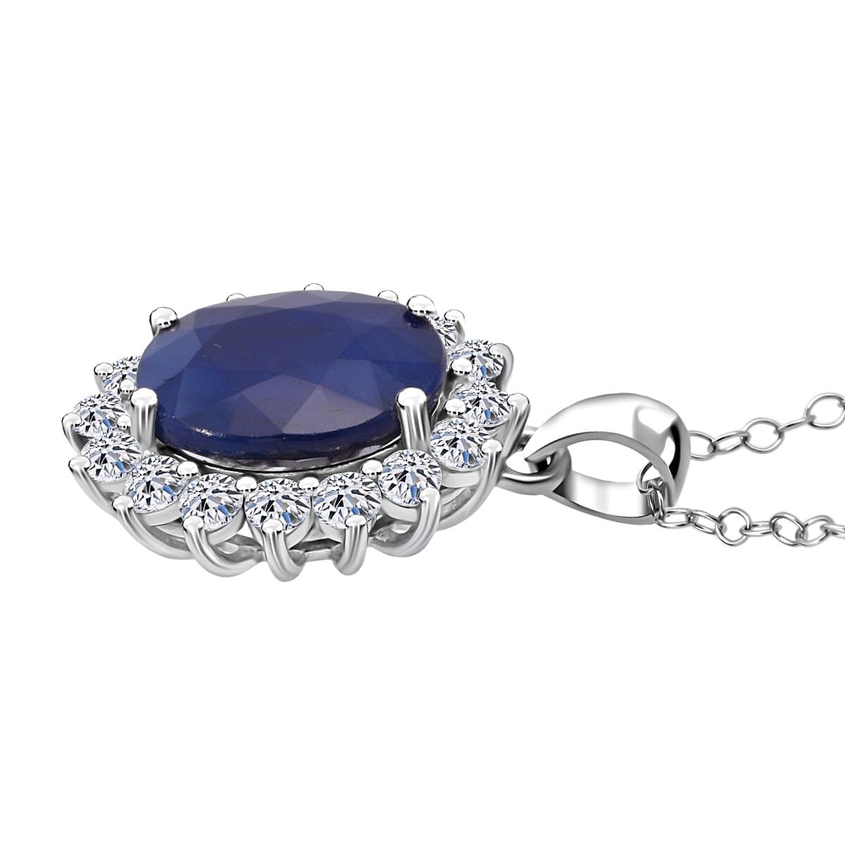 Luxuriant - Blue Sapphire & Lab Grown Diamond (SI-G-H) Halo Pendant with Chain (Size 20) in Rhodium Overlay Sterling Silver 6.75 Ct.