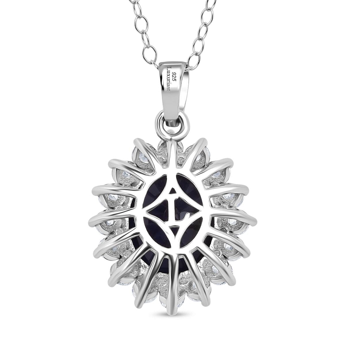 Luxuriant - Blue Sapphire & Lab Grown Diamond (SI-G-H) Halo Pendant with Chain (Size 20) in Rhodium Overlay Sterling Silver 6.75 Ct.
