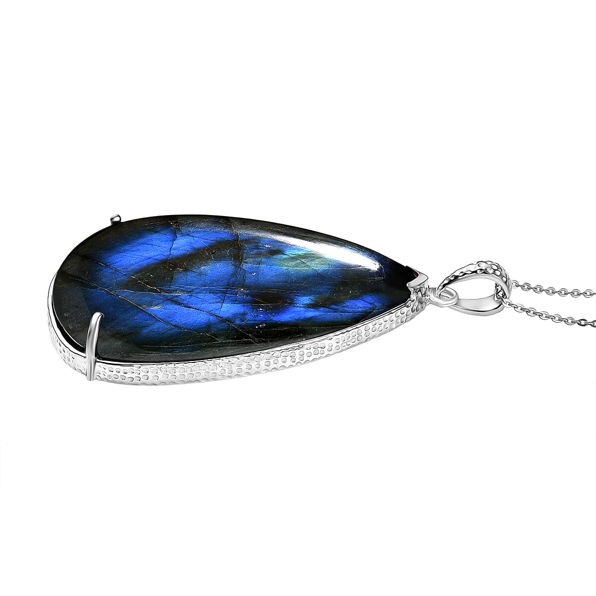 D'Joy Labradorite Pendant with Chain (Size 20) in Rhodium Overlay Sterling Silver 89.68 Ct, Silver Wt. 5.34 Gms.