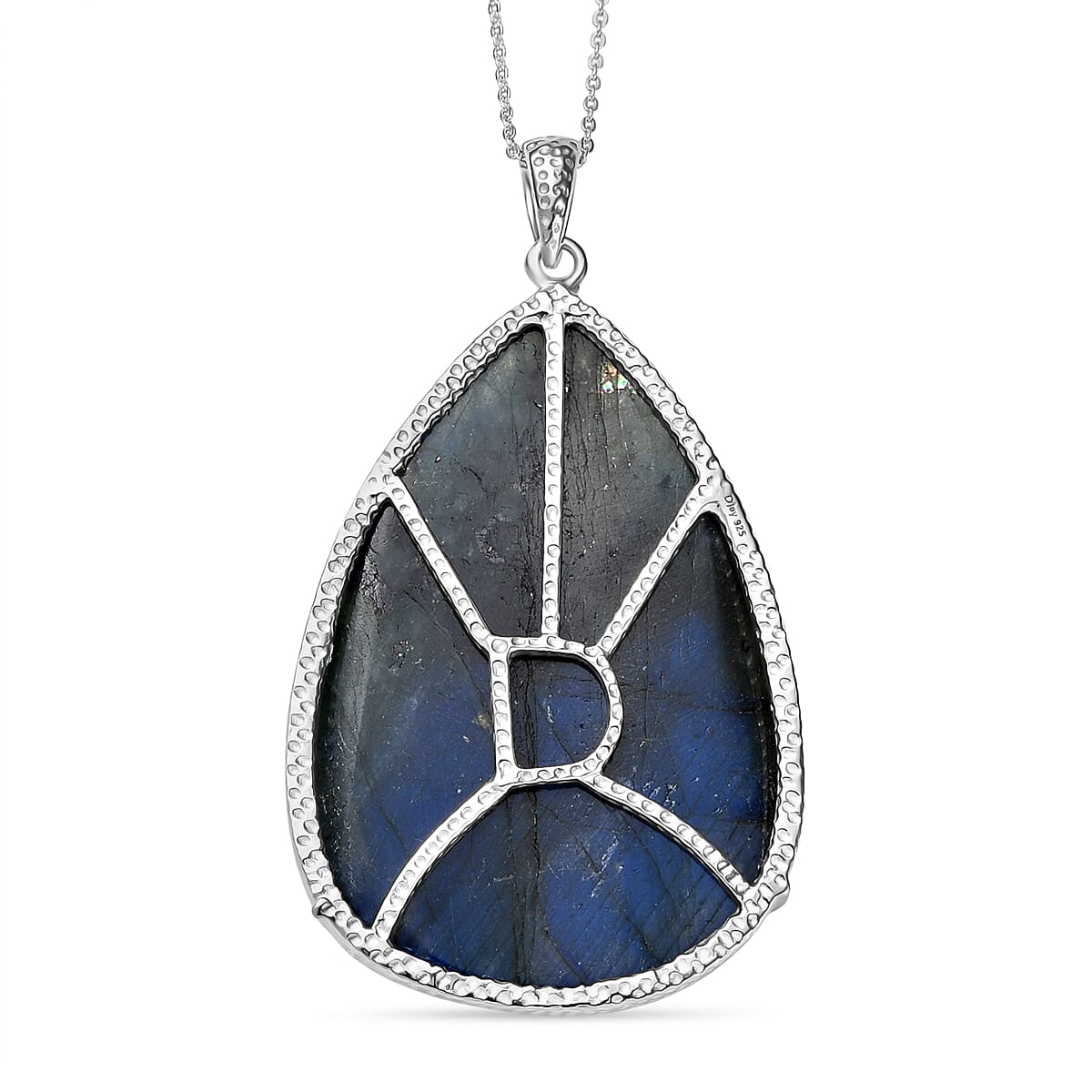 D'Joy Labradorite Pendant with Chain (Size 20) in Rhodium Overlay Sterling Silver 89.68 Ct, Silver Wt. 5.34 Gms.