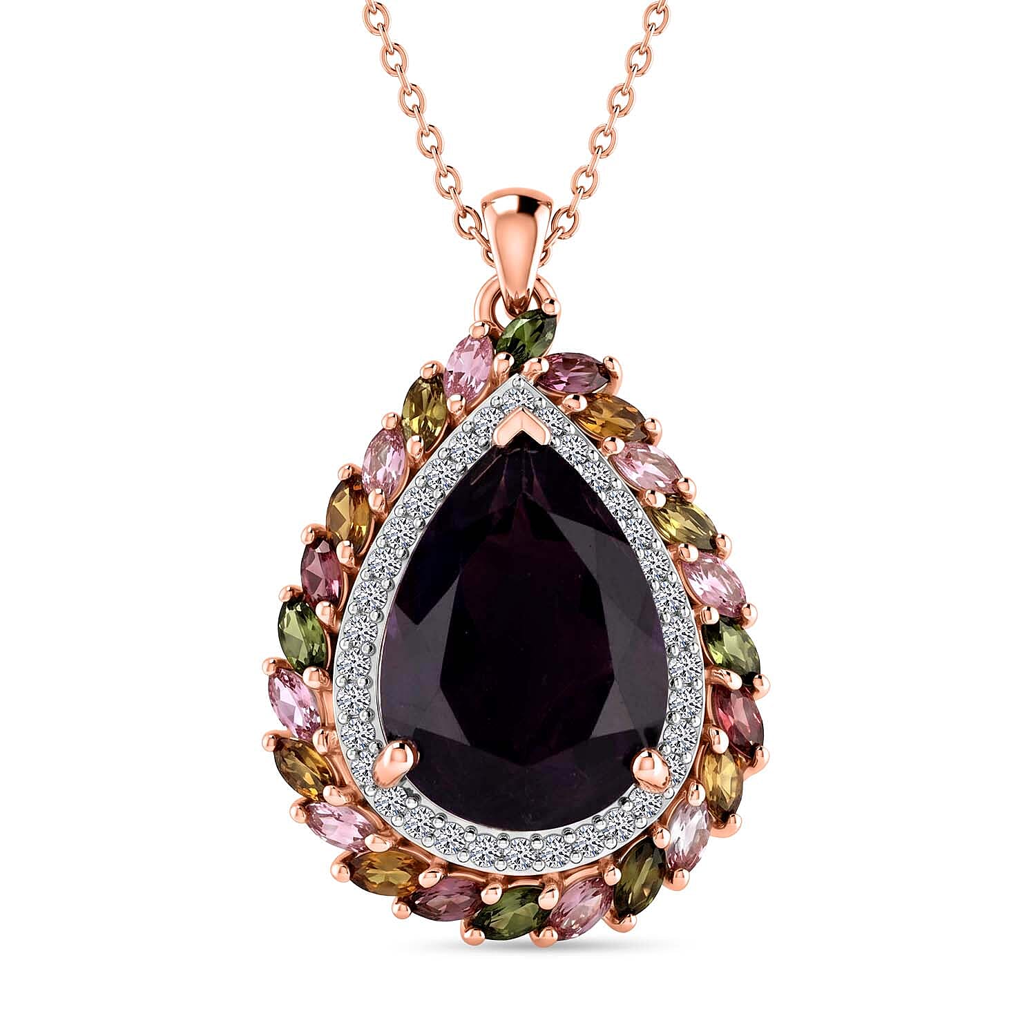 D'Joy African Amethyst, Multi-Tourmaline & White Zircon Pendant with Chain (Size 20) in 18K Vermeil Rose Gold Plated Sterling Silver 11.53 Ct.