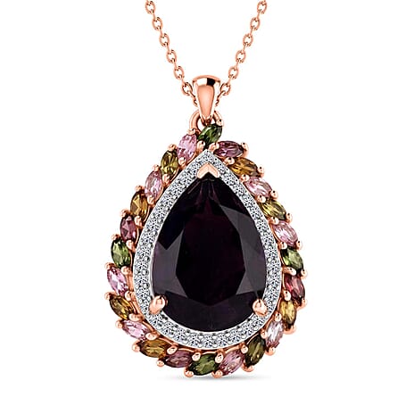 D'Joy African Amethyst, Multi-Tourmaline & White Zircon Pendant with Chain (Size 20) in 18K Vermeil Rose Gold Plated Sterling Silver 11.53 Ct.