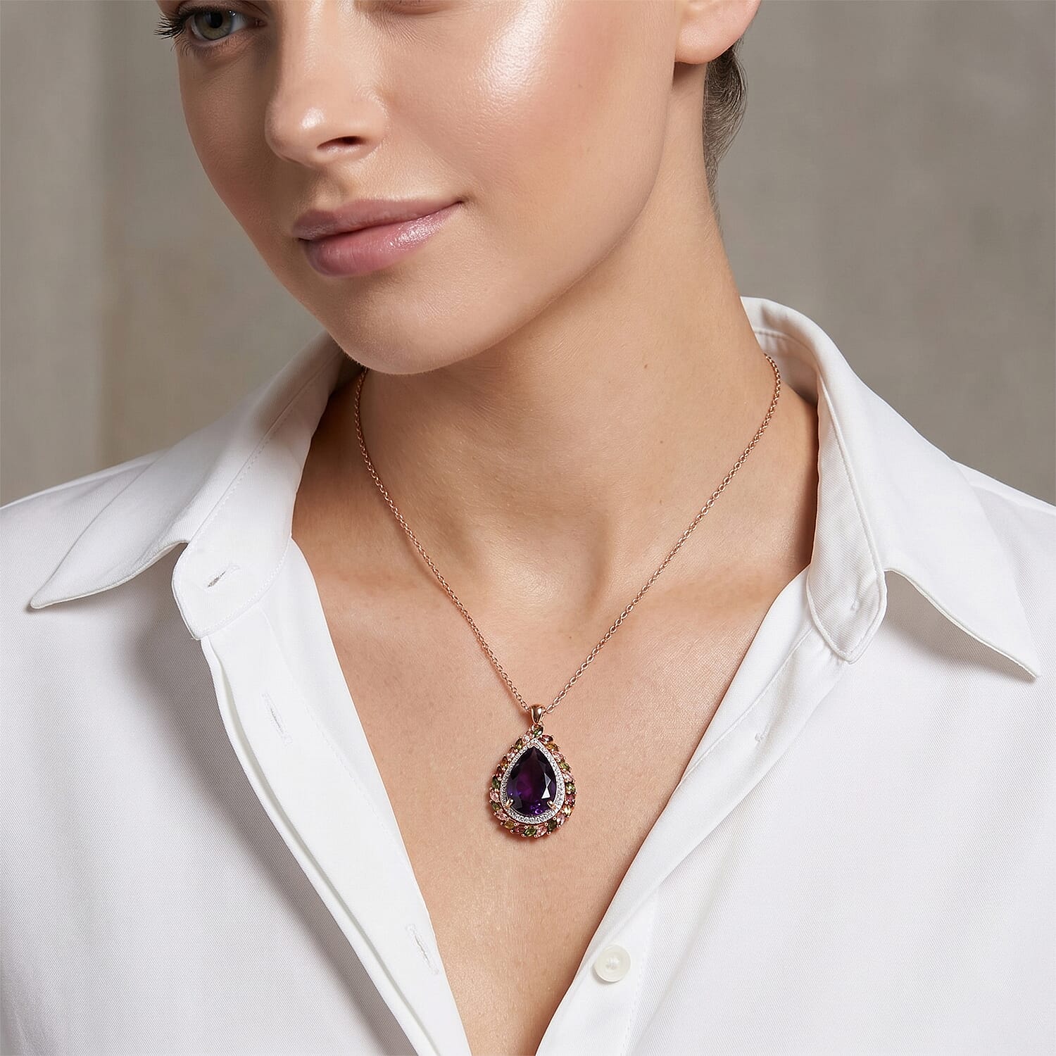 D'Joy African Amethyst, Multi-Tourmaline & White Zircon Pendant with Chain (Size 20) in 18K Vermeil Rose Gold Plated Sterling Silver 11.53 Ct.