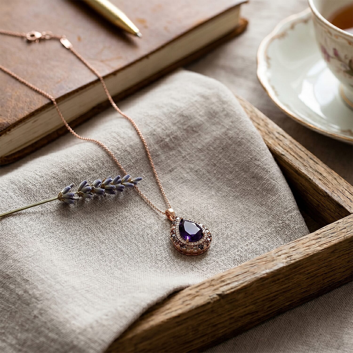 D'Joy African Amethyst, Multi-Tourmaline & White Zircon Pendant with Chain (Size 20) in 18K Vermeil Rose Gold Plated Sterling Silver 11.53 Ct.
