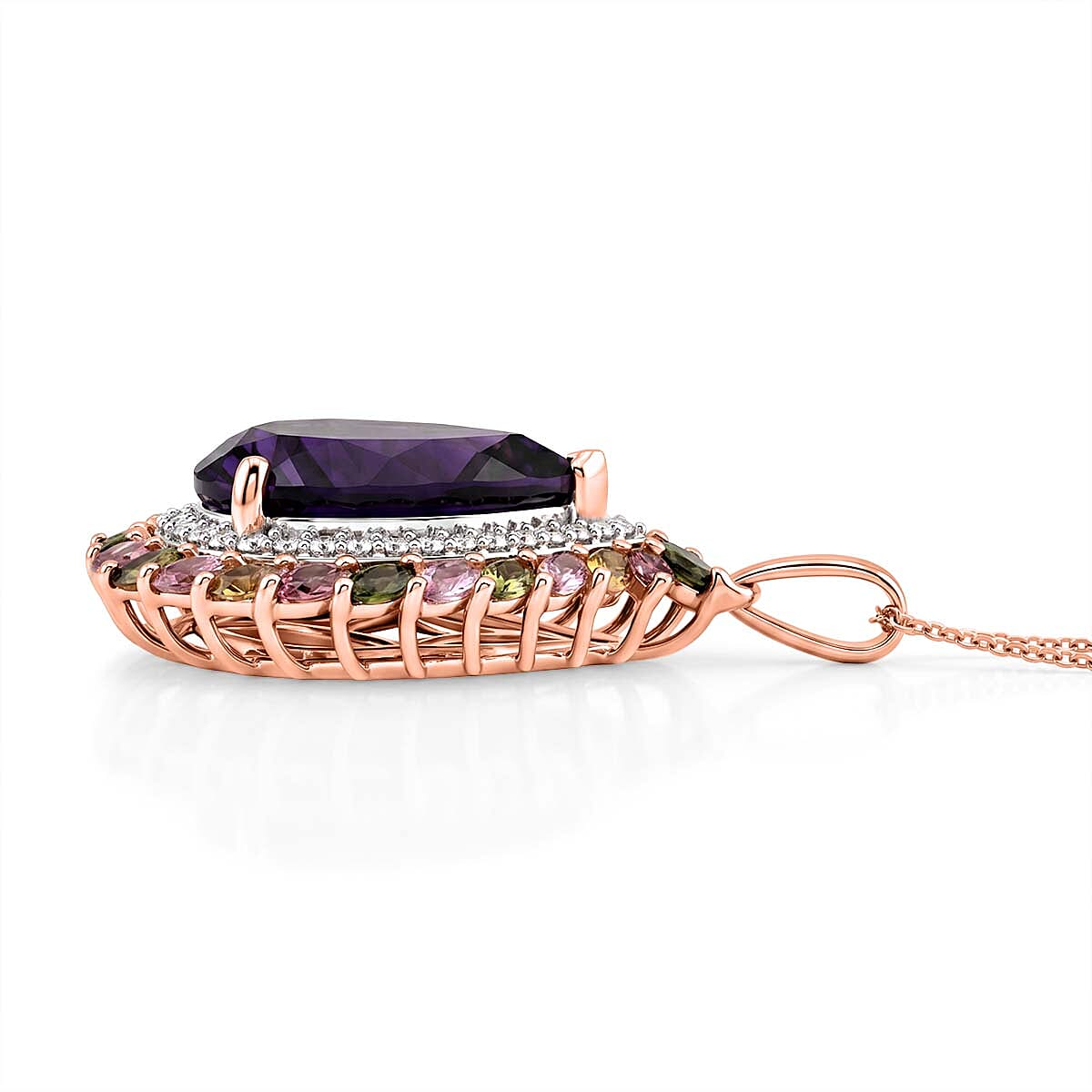 D'Joy African Amethyst, Multi-Tourmaline & White Zircon Pendant with Chain (Size 20) in 18K Vermeil Rose Gold Plated Sterling Silver 11.53 Ct.