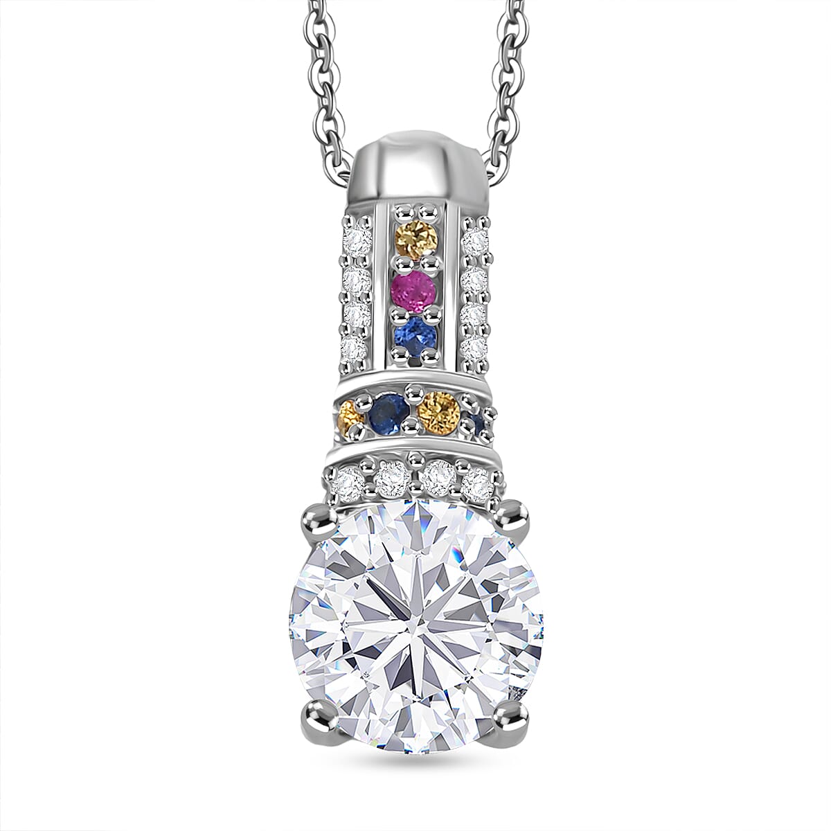 D'Joy Moissanite & Multi Sapphire Pendant with Chain (Size 20) in Rhodium Overlay Sterling Silver 1.67 Ct.