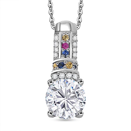 D'Joy Moissanite and Multi Sapphire Pendant with Chain (Size 20) in Rhodium Overlay Sterling Silver 1.67 Ct.