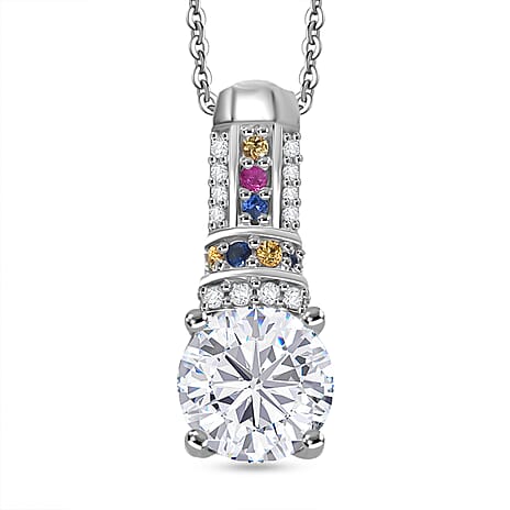 D'Joy Moissanite & Multi Sapphire Pendant with Chain (Size 20) in Rhodium Overlay Sterling Silver 1.67 Ct.