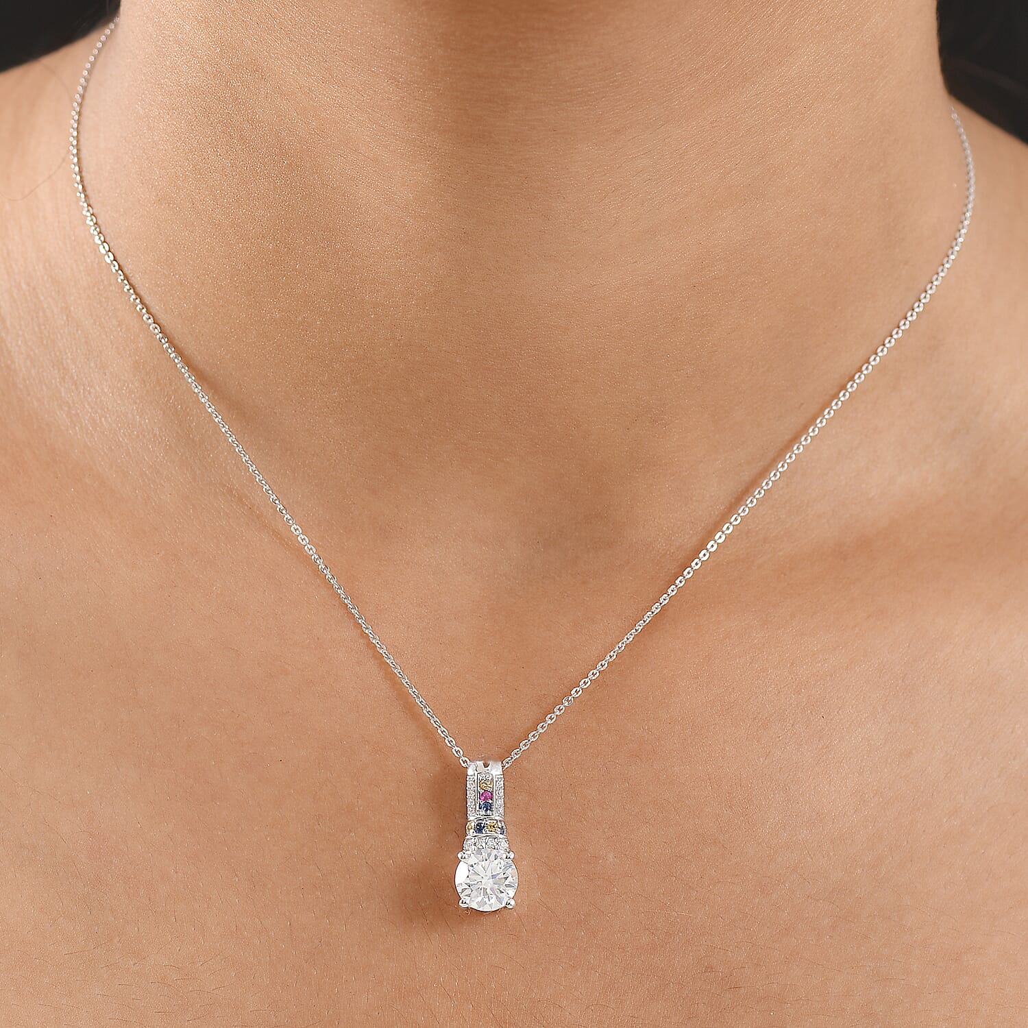 D'Joy Moissanite & Multi Sapphire Pendant with Chain (Size 20) in Rhodium Overlay Sterling Silver 1.67 Ct.