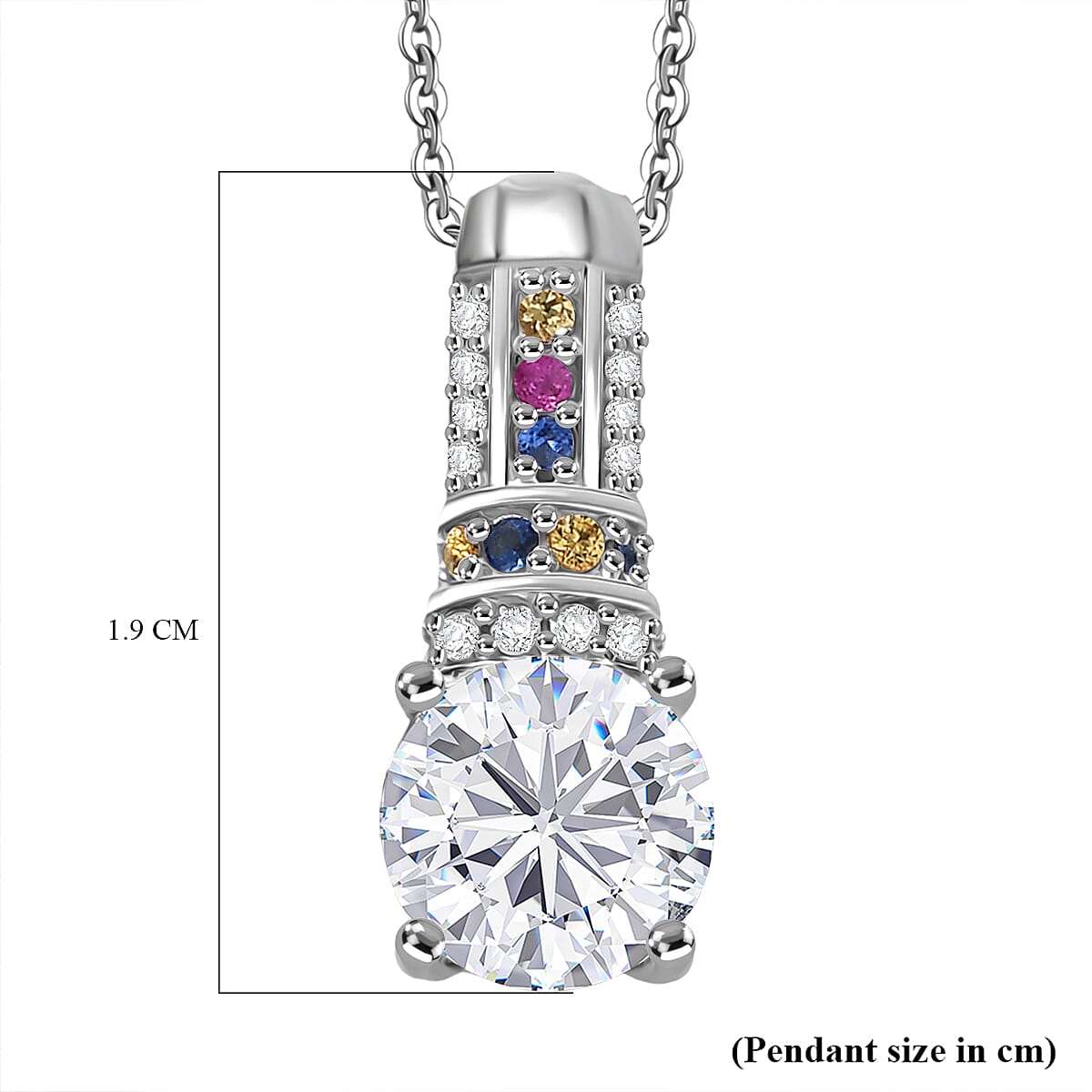 D'Joy Moissanite & Multi Sapphire Pendant with Chain (Size 20) in Rhodium Overlay Sterling Silver 1.67 Ct.