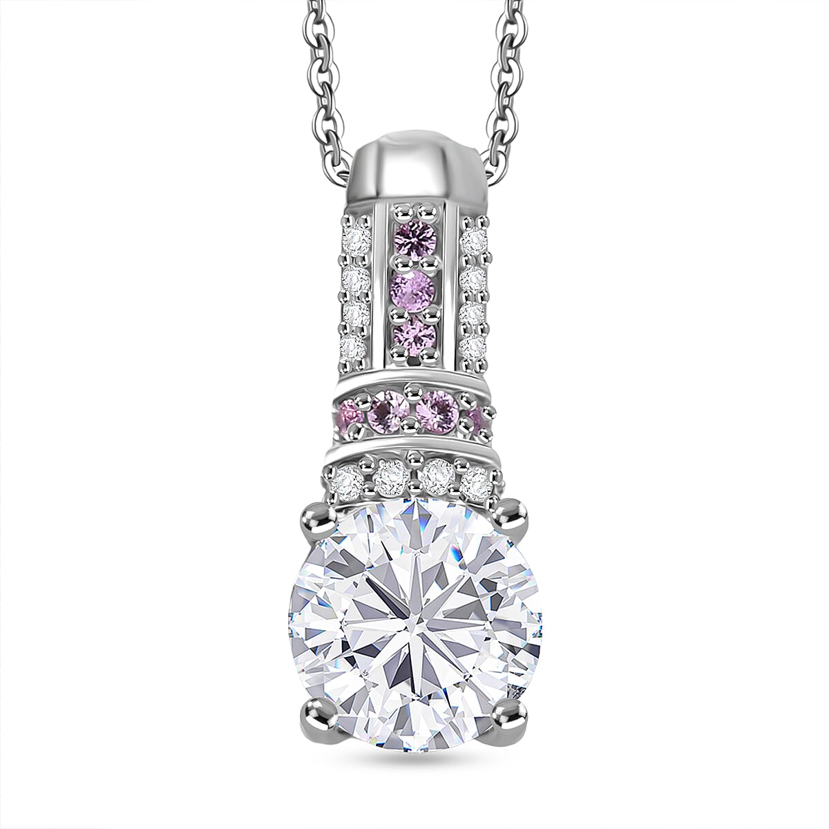D'Joy Moissanite & Pink Sapphire Pendant with Chain (Size 20) in Rhodium Overlay Sterling Silver 1.67 Ct.