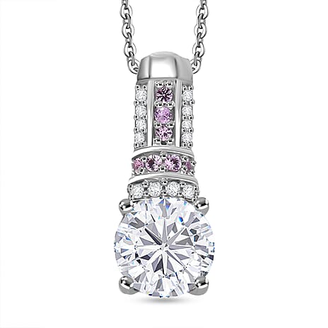 D'Joy Moissanite & Pink Sapphire Pendant with Chain (Size 20) in Rhodium Overlay Sterling Silver 1.67 Ct.