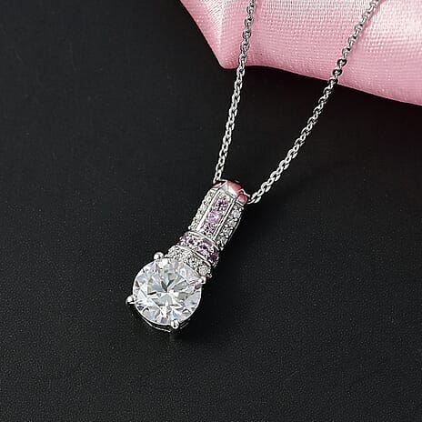 D'Joy Moissanite & Pink Sapphire Pendant with Chain (Size 20) in Rhodium Overlay Sterling Silver 1.67 Ct.