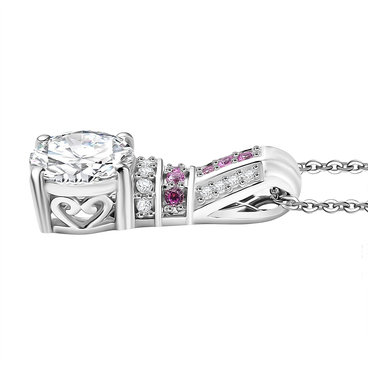 D'Joy Moissanite & Pink Sapphire Pendant with Chain (Size 20) in Rhodium Overlay Sterling Silver 1.67 Ct.