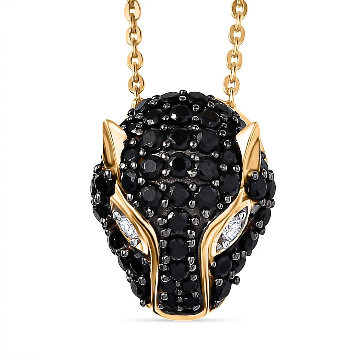 D'Joy White Zircon & Natural Thai Black Spinel Panther Pendant with Chain (Size 20) in 18K Yellow Gold Plating Sterling Silver, Silver Wt. 6.34 Gms.
