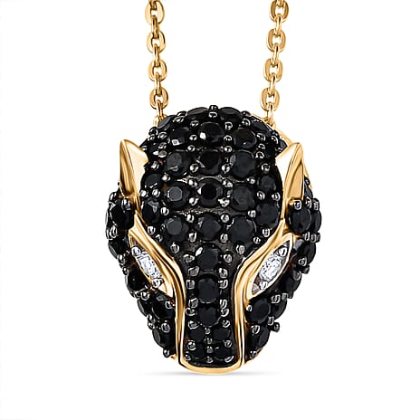 D'Joy White Zircon & Natural Thai Black Spinel Panther Pendant with Chain (Size 20) in 18K Yellow Gold Plating Sterling Silver, Silver Wt. 6.34 Gms.
