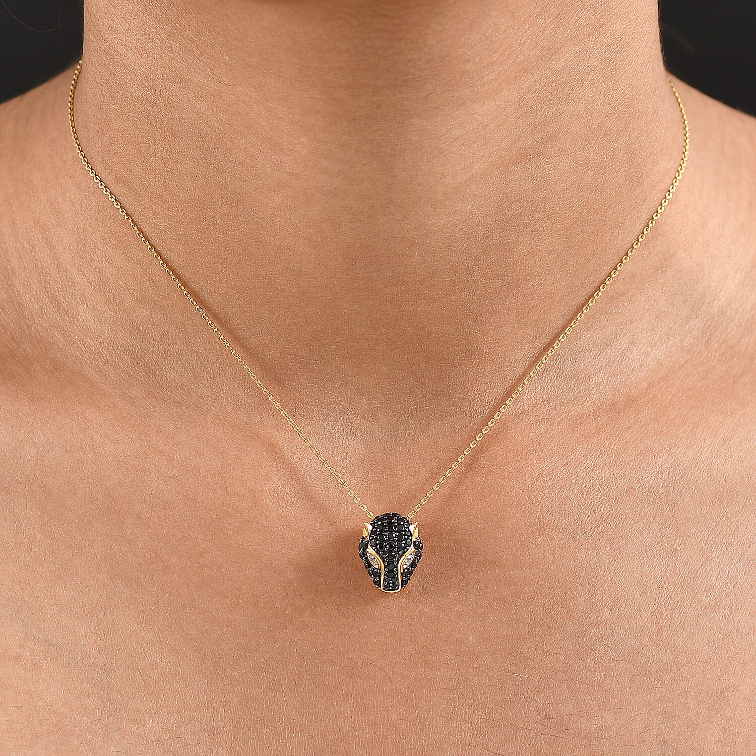 D'Joy White Zircon & Natural Thai Black Spinel Panther Pendant with Chain (Size 20) in 18K Yellow Gold Plating Sterling Silver, Silver Wt. 6.34 Gms.