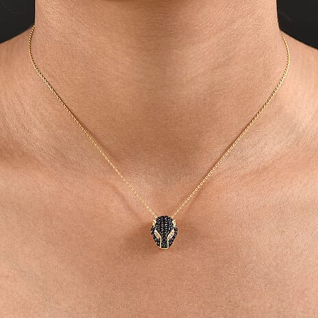 D'Joy White Zircon & Natural Thai Black Spinel Panther Pendant with Chain (Size 20) in 18K Yellow Gold Plating Sterling Silver, Silver Wt. 6.34 Gms.
