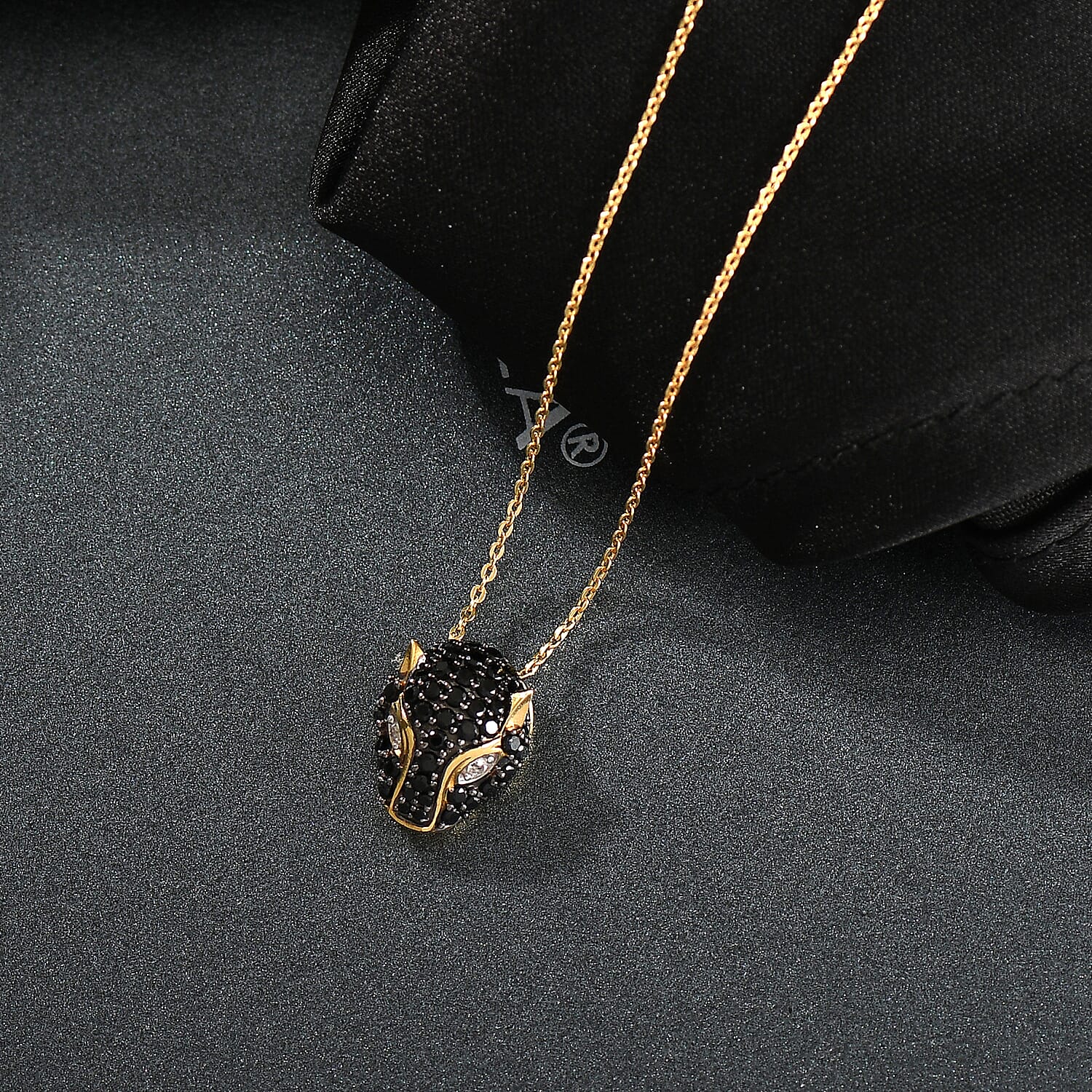 D'Joy White Zircon & Natural Thai Black Spinel Panther Pendant with Chain (Size 20) in 18K Yellow Gold Plating Sterling Silver, Silver Wt. 6.34 Gms.