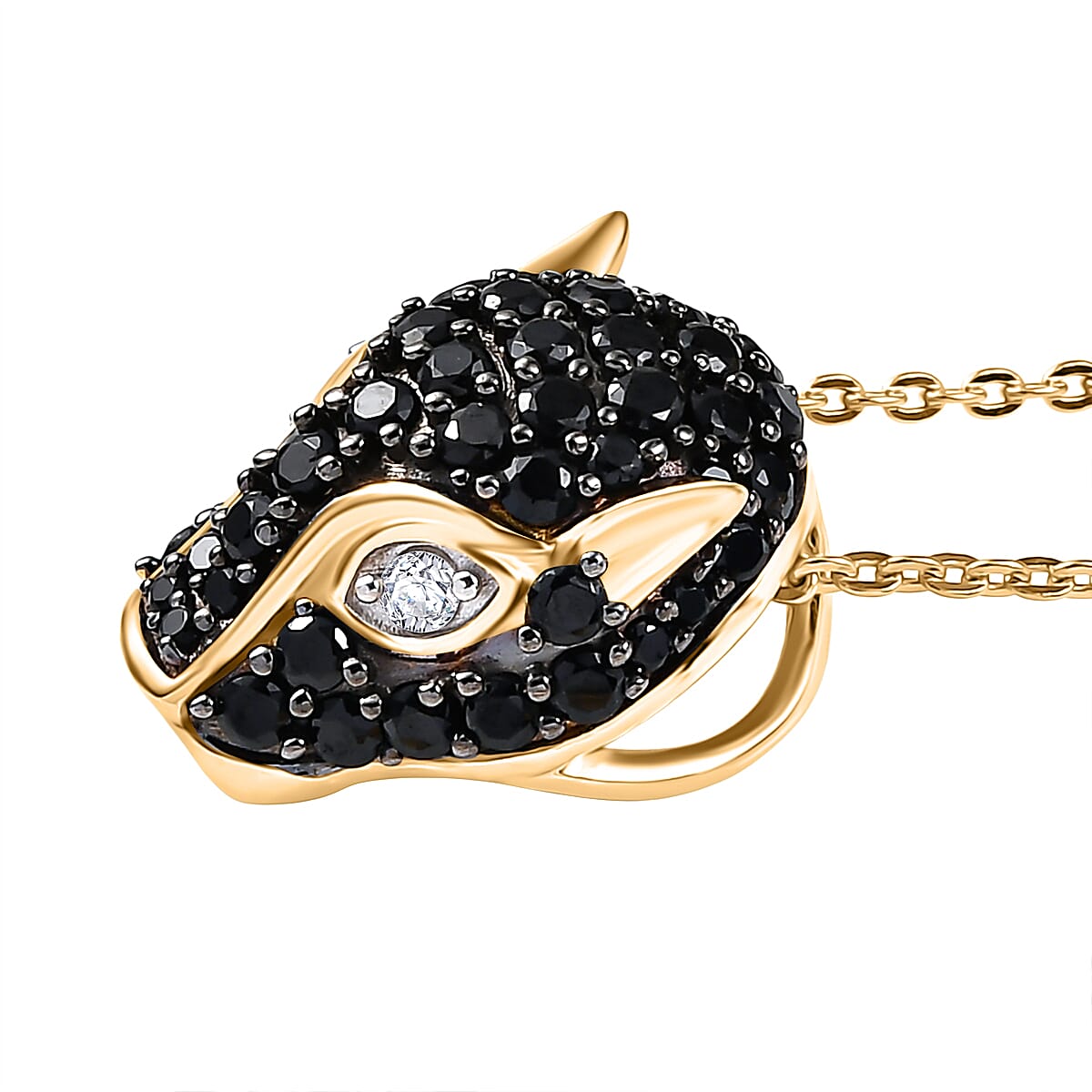 D'Joy White Zircon & Natural Thai Black Spinel Panther Pendant with Chain (Size 20) in 18K Yellow Gold Plating Sterling Silver, Silver Wt. 6.34 Gms.