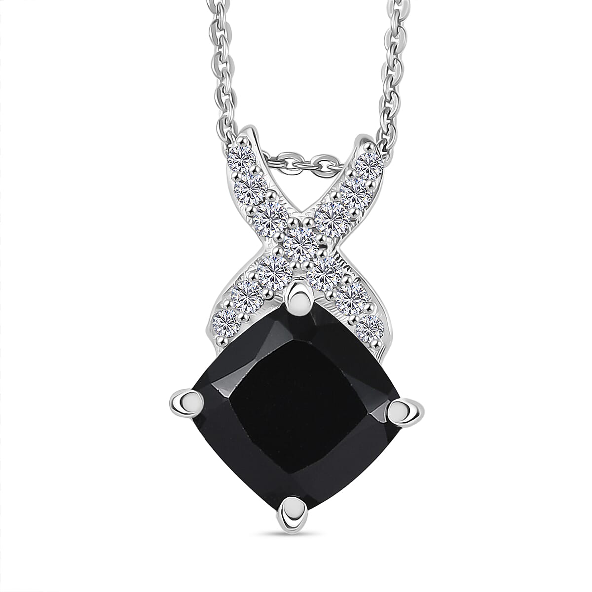 D'Joy Natural Thai Black Spinel & White Zircon Pendant with Chain (Size 20) in Platinum Overlay Sterling Silver 4.20 Ct.