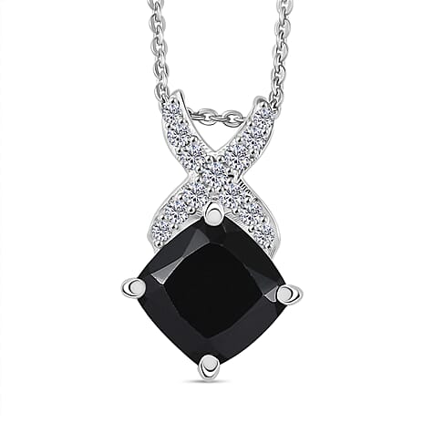 D'Joy Natural Thai Black Spinel & White Zircon Pendant with Chain (Size 20) in Platinum Overlay Sterling Silver 4.20 Ct.