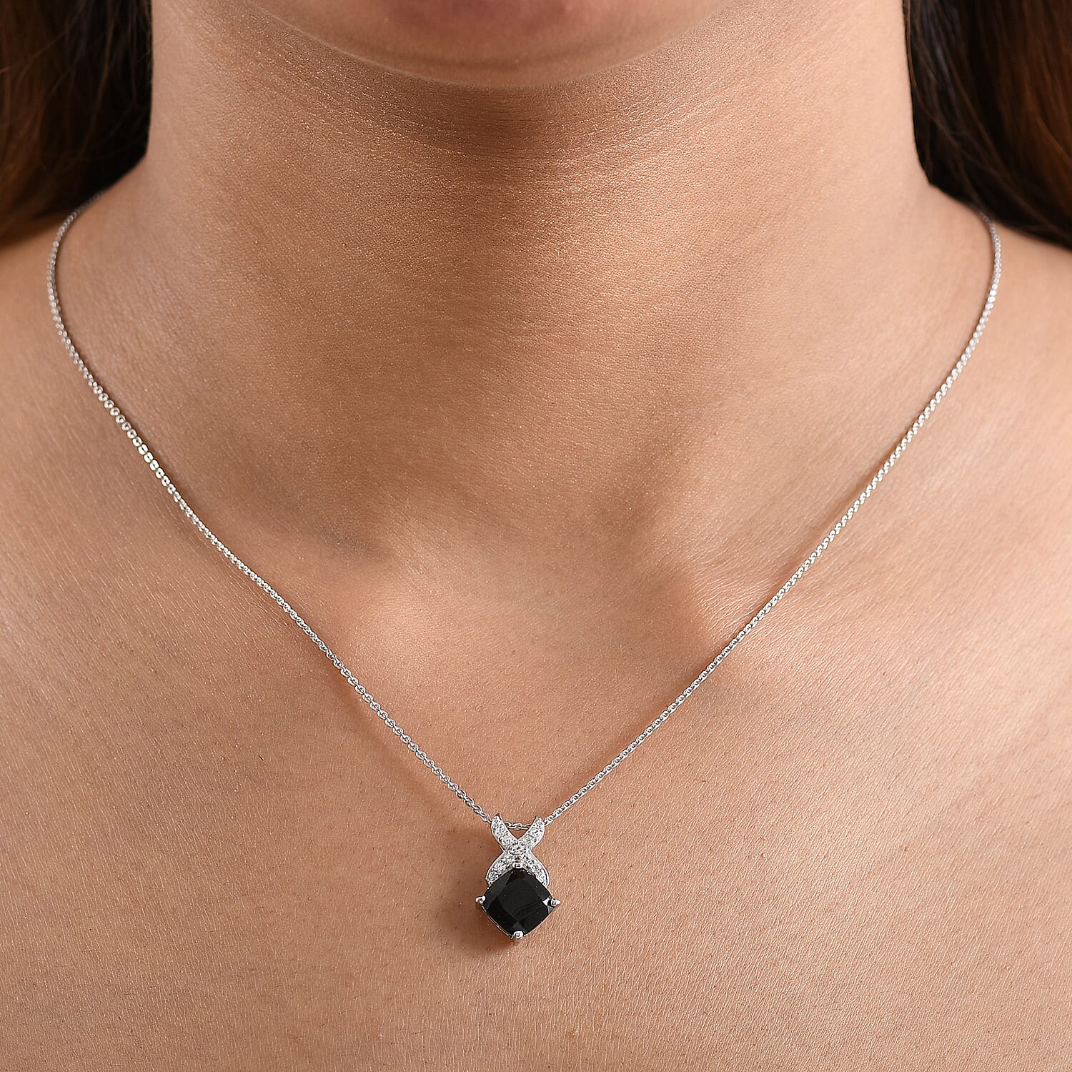 D'Joy Natural Thai Black Spinel & White Zircon Pendant with Chain (Size 20) in Platinum Overlay Sterling Silver 4.20 Ct.