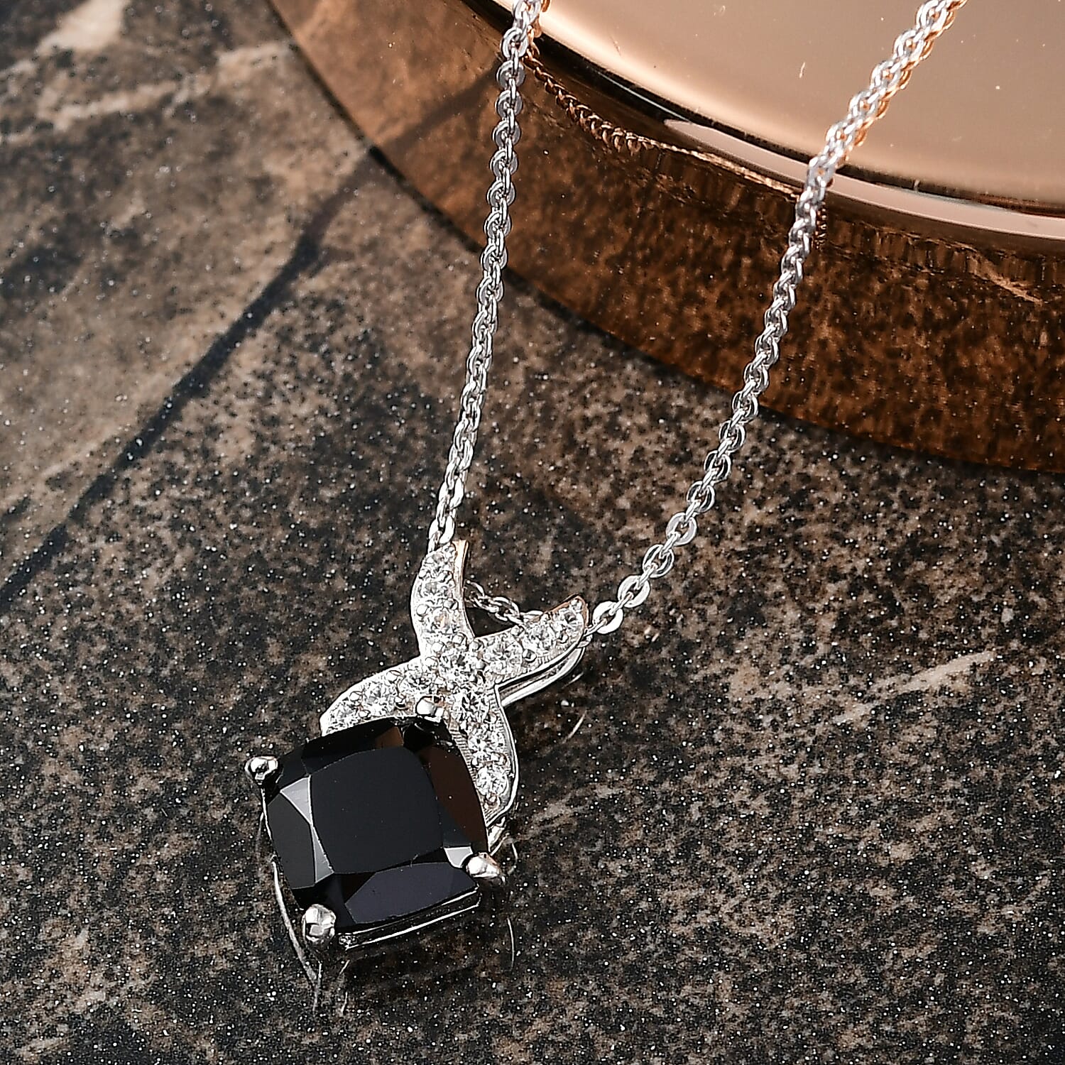 D'Joy Natural Thai Black Spinel & White Zircon Pendant with Chain (Size 20) in Platinum Overlay Sterling Silver 4.20 Ct.