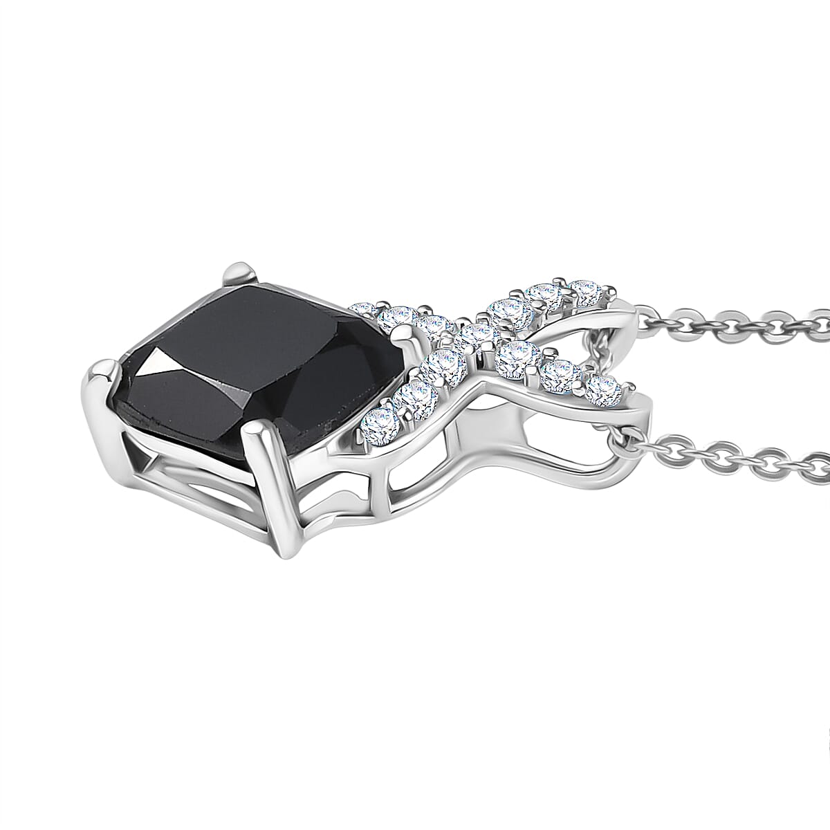 D'Joy Natural Thai Black Spinel & White Zircon Pendant with Chain (Size 20) in Platinum Overlay Sterling Silver 4.20 Ct.