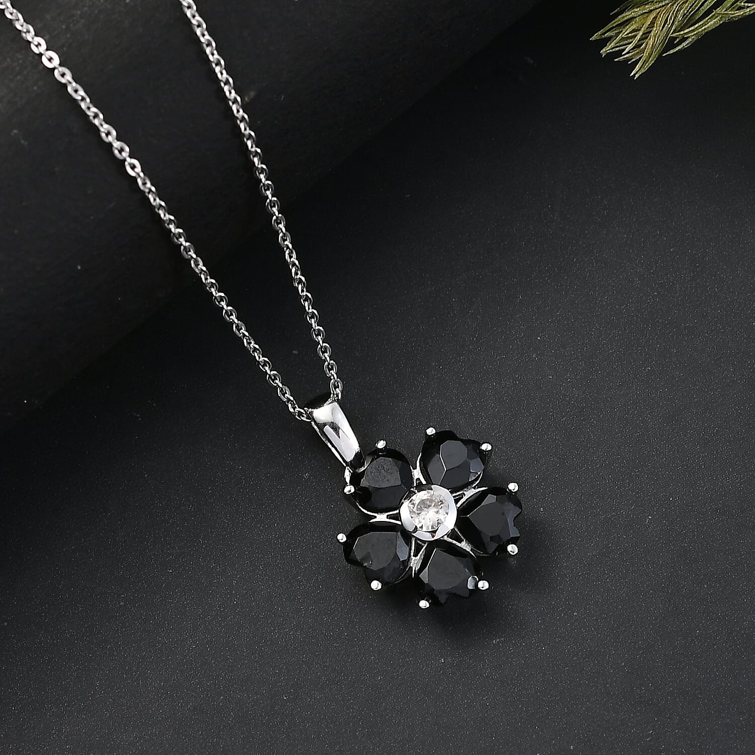 D'Joy Natural Thai Black Spinel & White Zircon Pendant with Chain (Size 20) in Platinum Overlay Sterling Silver 3.22 Ct, Silver Wt. 5.04 Gms.