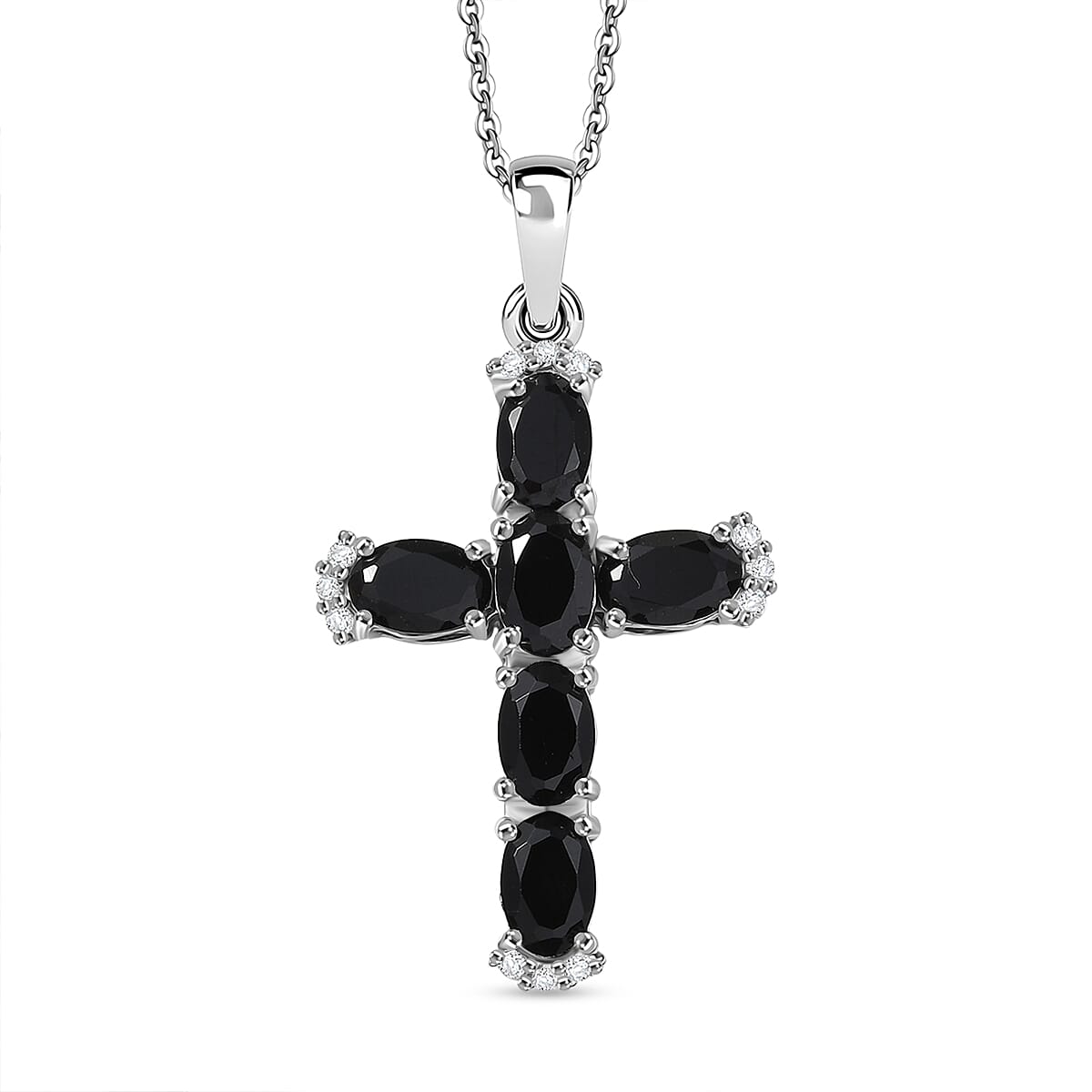 D'Joy Natural Thai Black Spinel & White Zircon Cross Pendant with Chain (Size 20) in Platinum Overlay Sterling Silver 3.44 Ct.