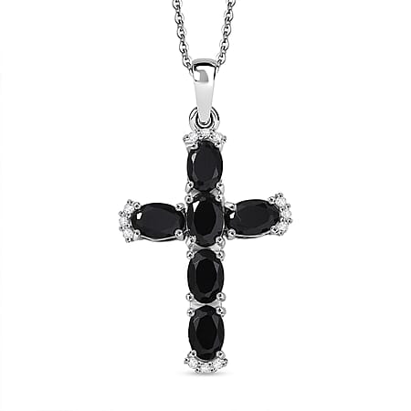 D'Joy Natural Thai Black Spinel & White Zircon Cross Pendant with Chain (Size 20) in Platinum Overlay Sterling Silver 3.44 Ct.