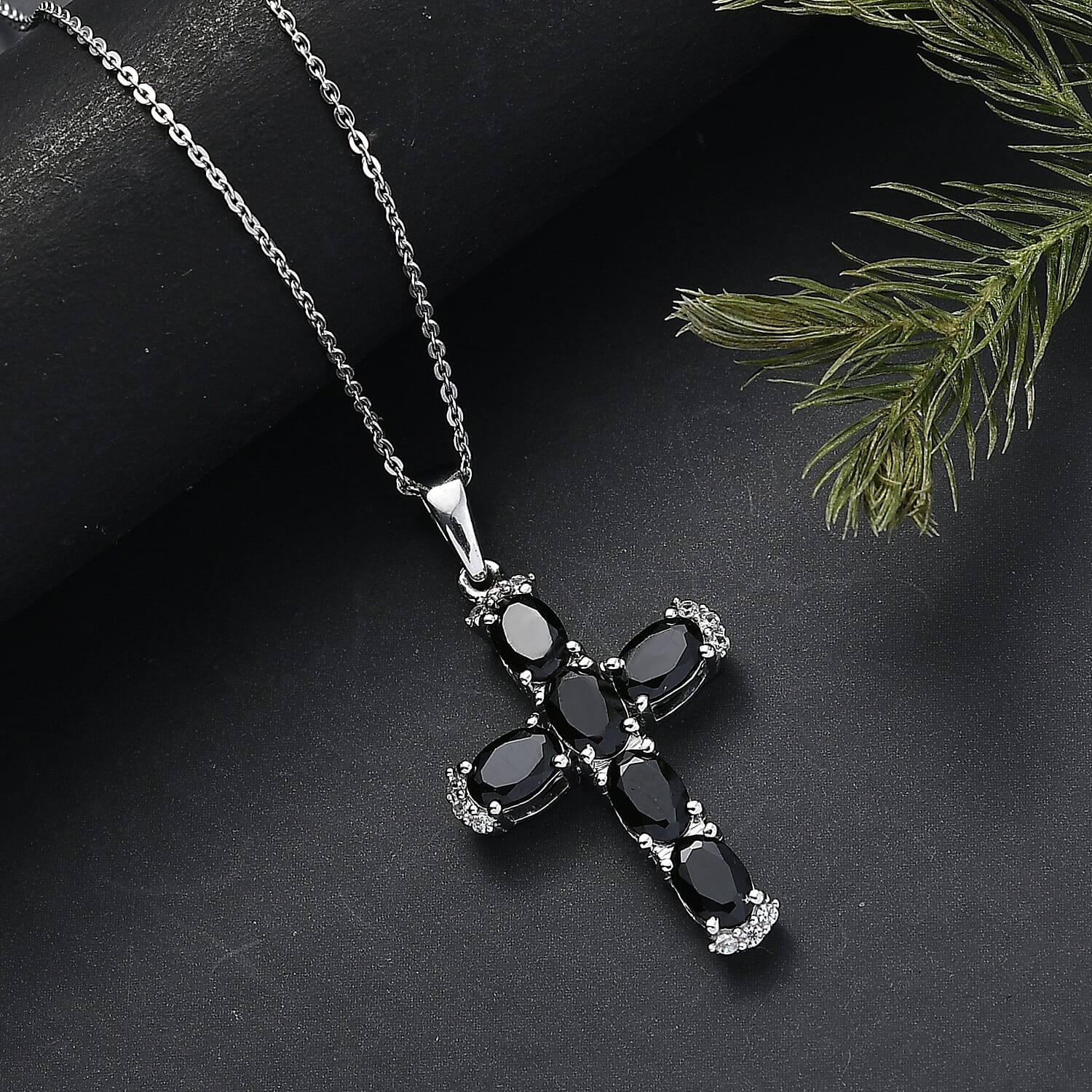 D'Joy Natural Thai Black Spinel & White Zircon Cross Pendant with Chain (Size 20) in Platinum Overlay Sterling Silver 3.44 Ct.
