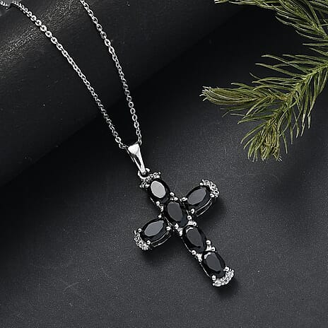 D'Joy Natural Thai Black Spinel & White Zircon Cross Pendant with Chain (Size 20) in Platinum Overlay Sterling Silver 3.44 Ct.