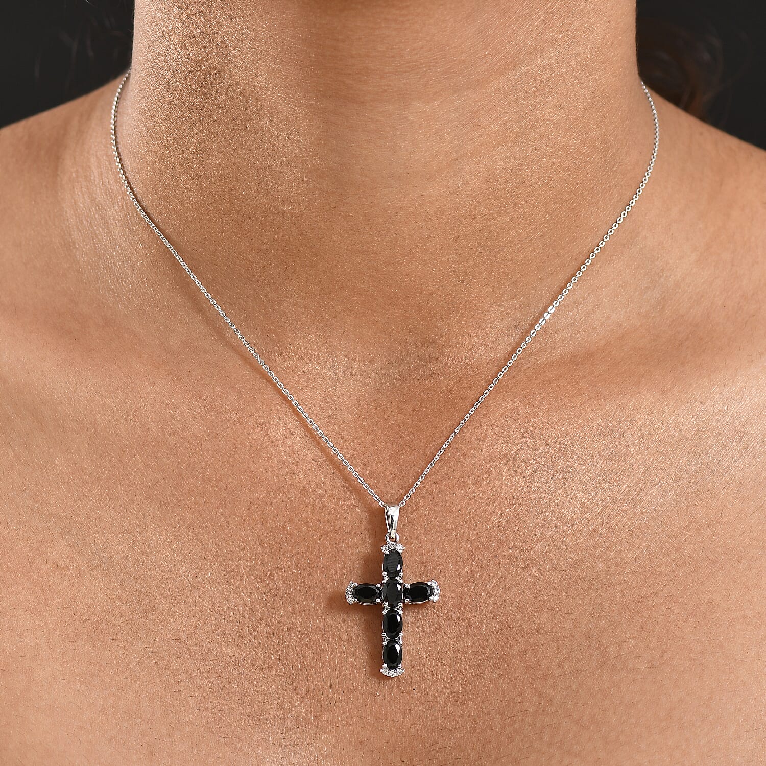 D'Joy Natural Thai Black Spinel & White Zircon Cross Pendant with Chain (Size 20) in Platinum Overlay Sterling Silver 3.44 Ct.