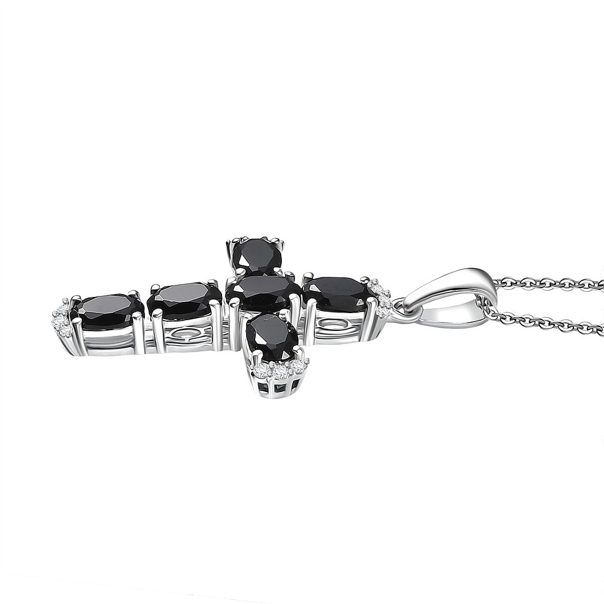 D'Joy Natural Thai Black Spinel & White Zircon Cross Pendant with Chain (Size 20) in Platinum Overlay Sterling Silver 3.44 Ct.