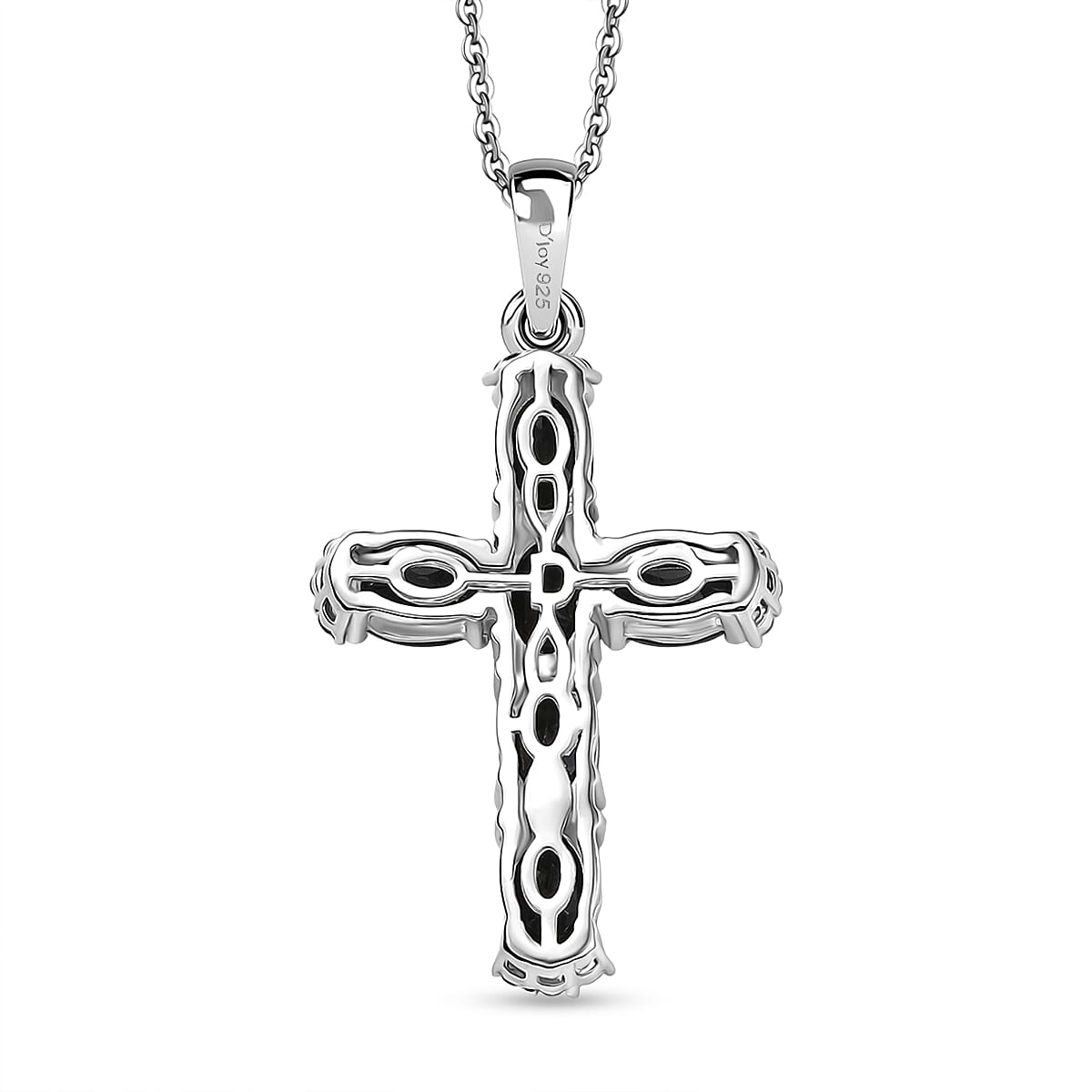 D'Joy Natural Thai Black Spinel & White Zircon Cross Pendant with Chain (Size 20) in Platinum Overlay Sterling Silver 3.44 Ct.