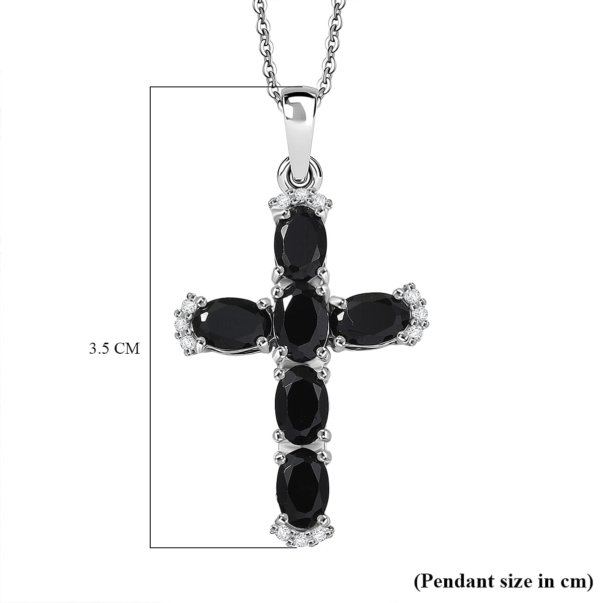 D'Joy Natural Thai Black Spinel & White Zircon Cross Pendant with Chain (Size 20) in Platinum Overlay Sterling Silver 3.44 Ct.