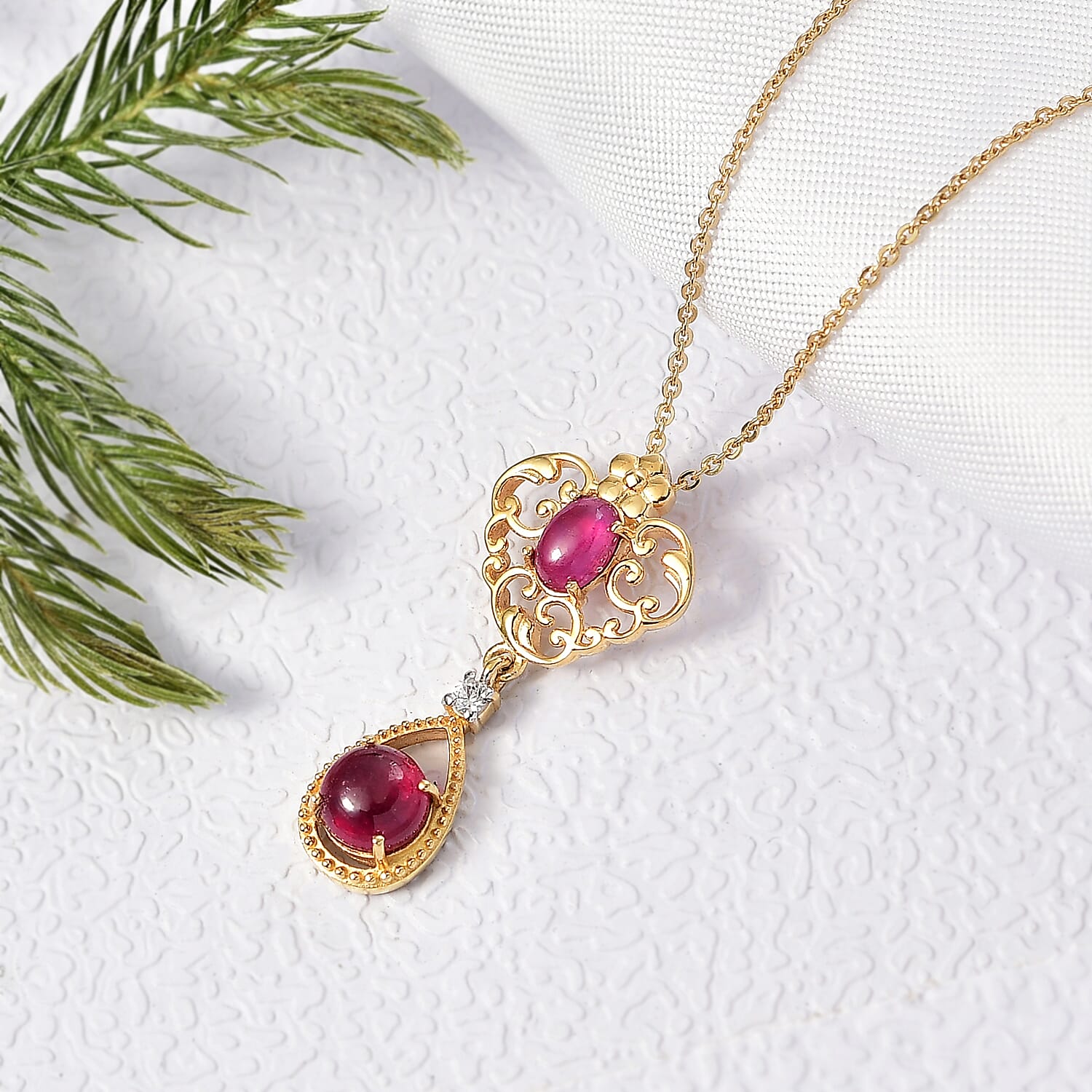 D'Joy Cabo Delgado Ruby & White Zircon Pendant with Chain (Size 20) in Yellow Gold Plated Sterling Silver 2.25 Ct.