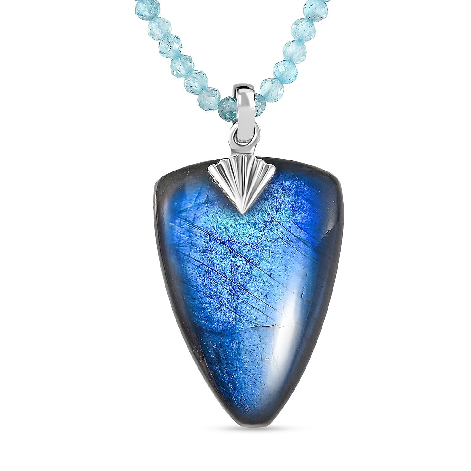 Royal Bali Collection Labradorite Pendant with Apatite Beads Chain (Size - 20) in Sterling Silver 94.45 Ct.