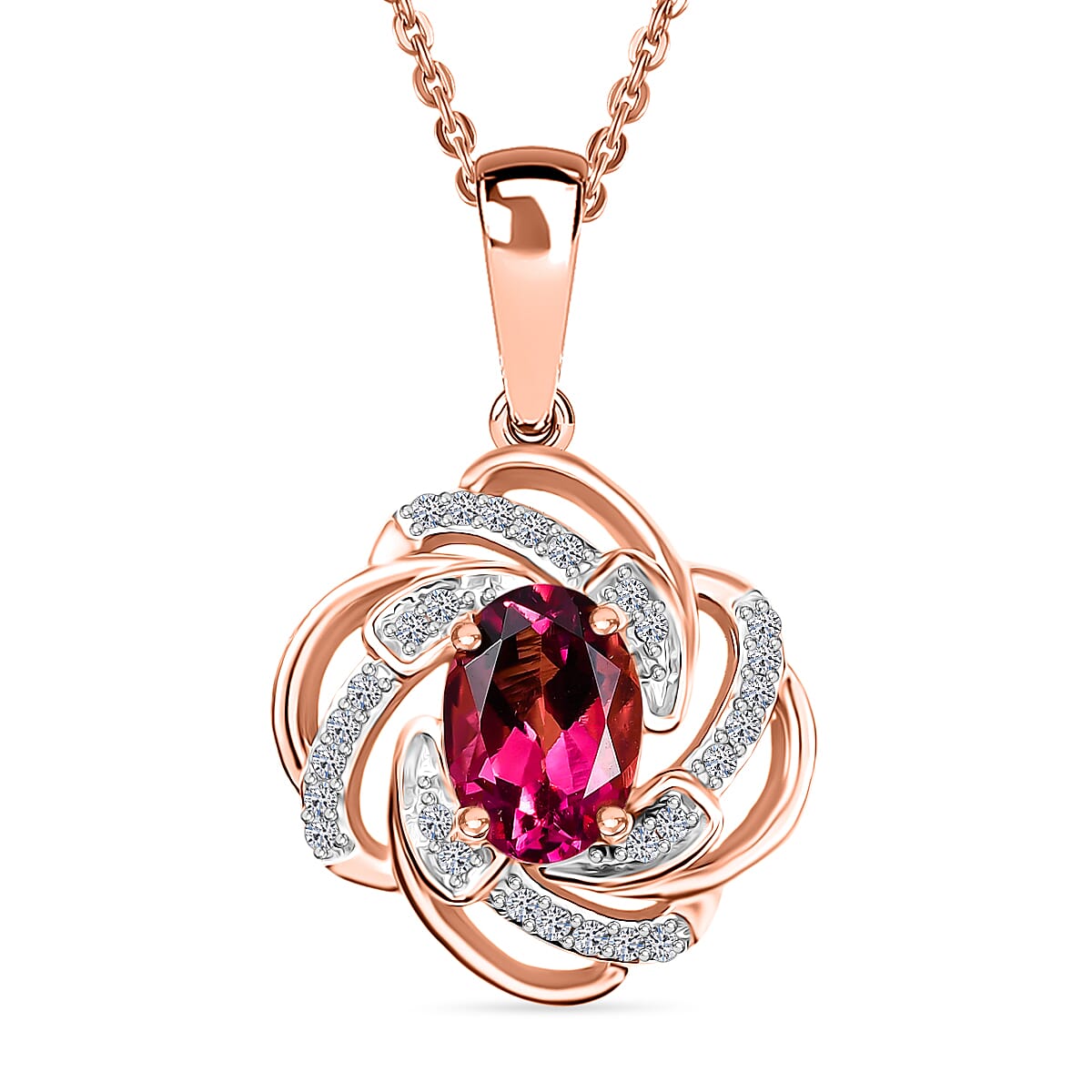 Luxuriant Lab Grown Bixbite & White Zircon Pendant with Chain (Size 20) in Rose Gold Plated Sterling Silver