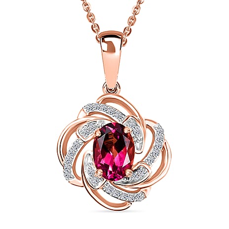 Luxuriant Lab Grown Bixbite & White Zircon Pendant with Chain (Size 20) in Rose Gold Plated Sterling Silver