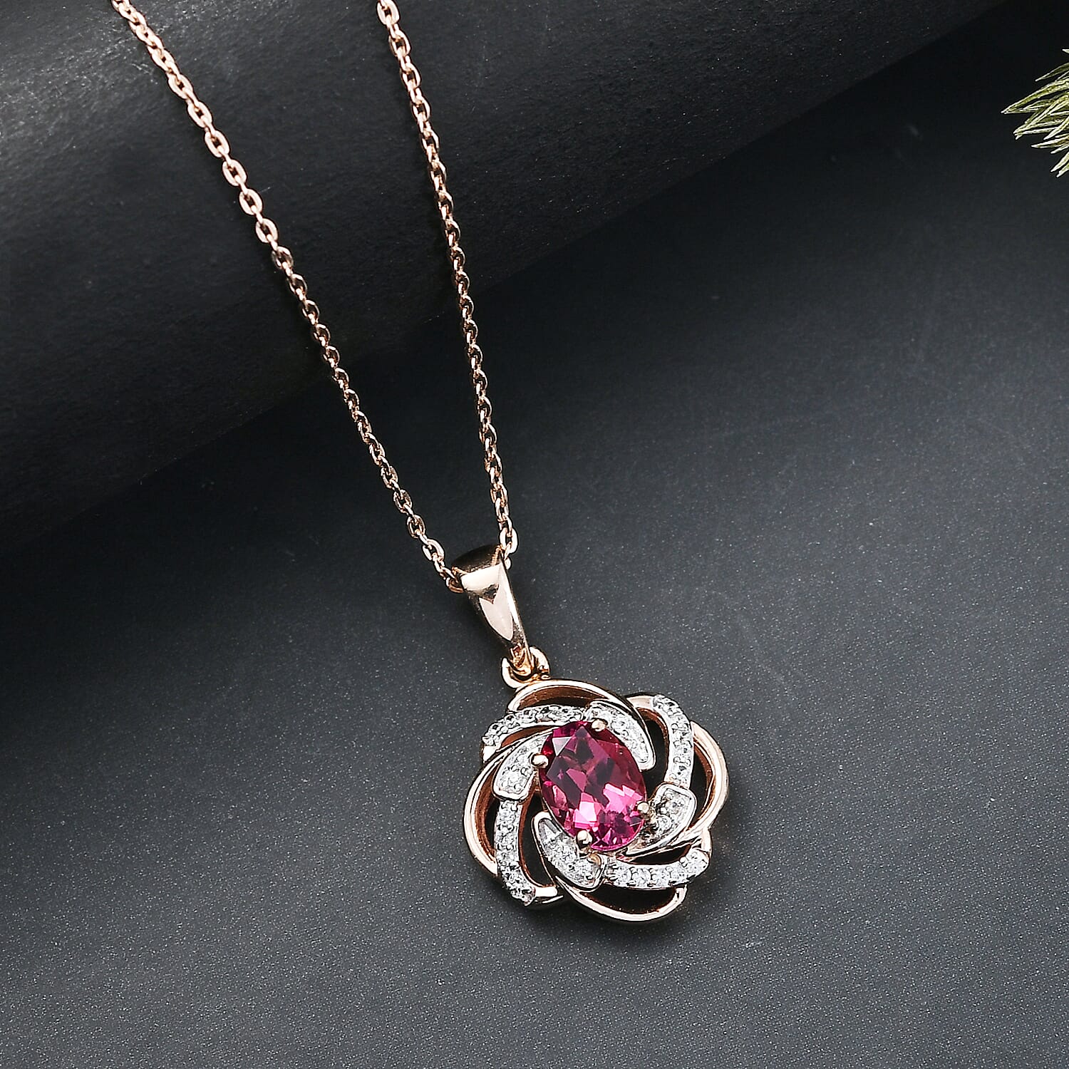 Luxuriant Lab Grown Bixbite & White Zircon Pendant with Chain (Size 20) in Rose Gold Plated Sterling Silver