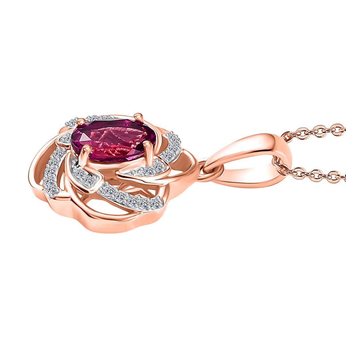 Luxuriant Lab Grown Bixbite & White Zircon Pendant with Chain (Size 20) in Rose Gold Plated Sterling Silver