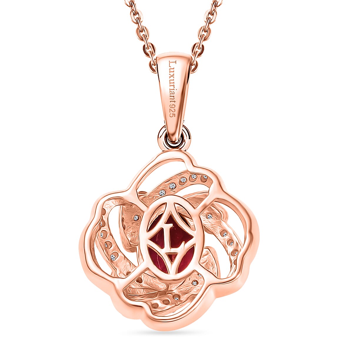 Luxuriant Lab Grown Bixbite & White Zircon Pendant with Chain (Size 20) in Rose Gold Plated Sterling Silver