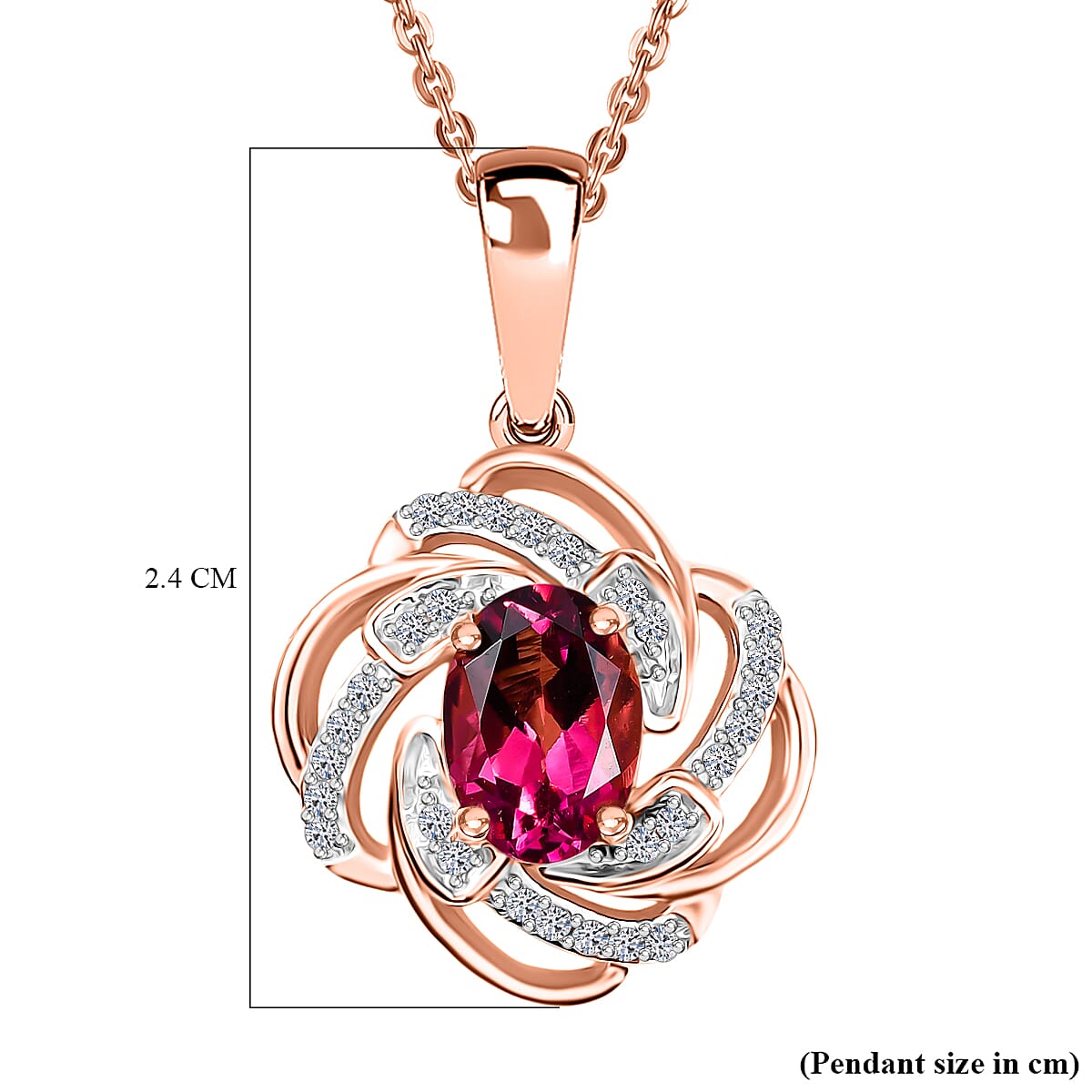 Luxuriant Lab Grown Bixbite & White Zircon Pendant with Chain (Size 20) in Rose Gold Plated Sterling Silver